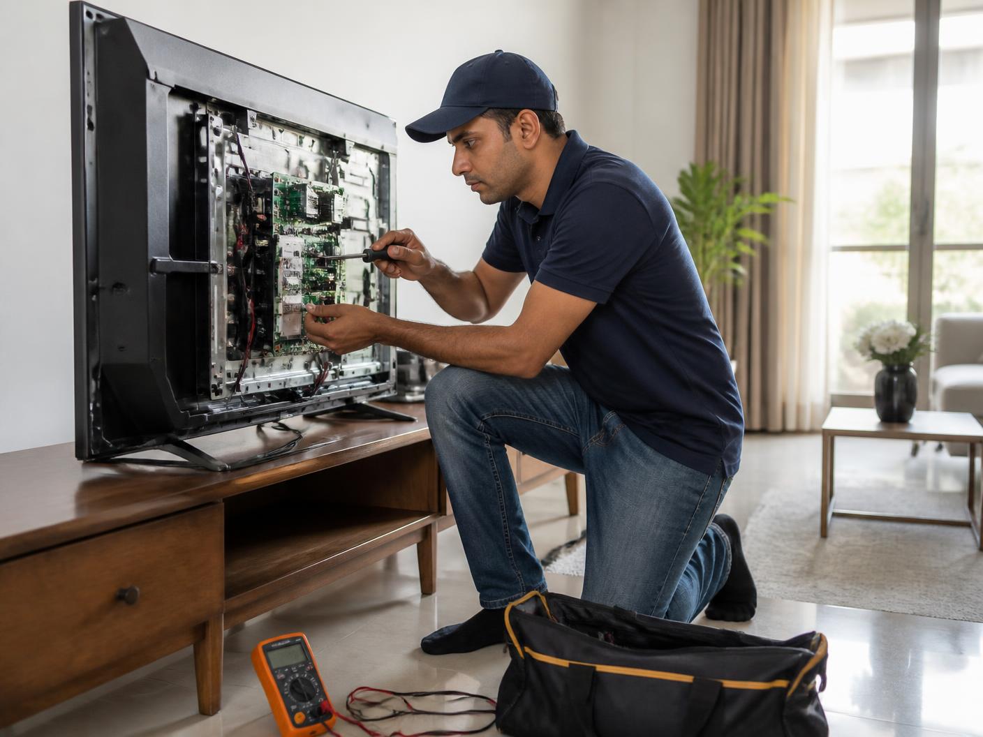 TV technician repairing the internal board of a flat screen television in a living room